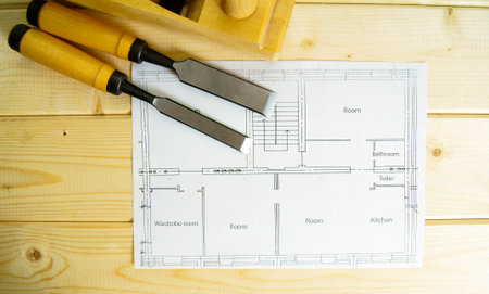 Planning of repair of the house. Repair work. Drawings for building and working tools on wooden...