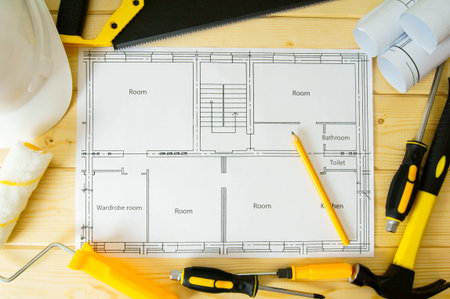 Planning of repair of the house. Repair work. Drawings for building, saw, hammer and others tools on...