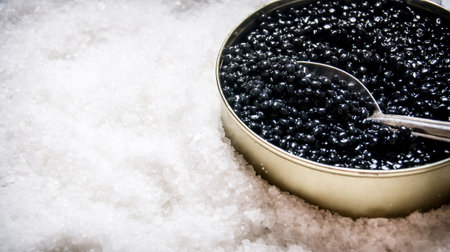 Jar with black caviar and a spoon of salt. Free space for text .