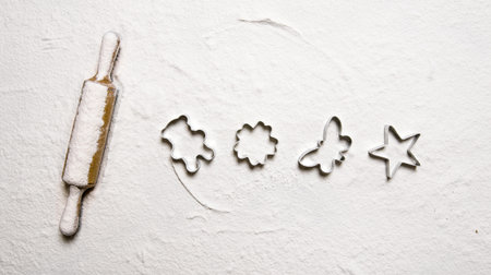 Preparation of the dough. Rolling pin for biscuits in flour. Top viewの写真素材