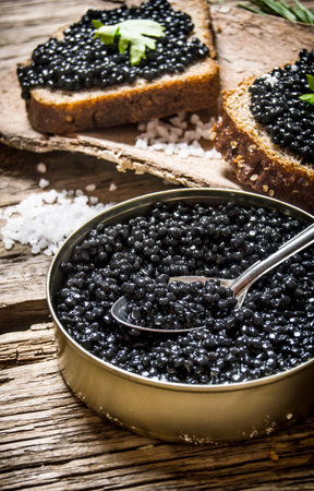 Sandwiches with black caviar, a jar of caviar and a spoon. On a wooden table.の写真素材