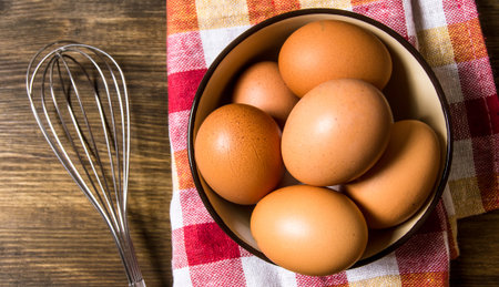 The eggs in the bowl with the whisk on the fabric. On a wooden table. Top view
