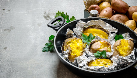 Potato food . The concept of baked potato in foil on an old rustic table . Free space for text.の写真素材