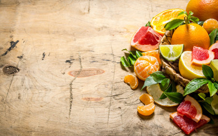 Citrus fruits - grapefruit, orange, tangerine, lemon, lime in a basket with leaves. On wooden background. Free space for text .の写真素材