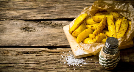 Potato food . Fries with spices and salt on wooden background. Free space for text.の写真素材
