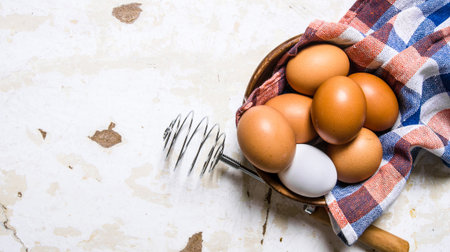 Eggs in a Cup with a cloth and whisk. On rustic background. Top view