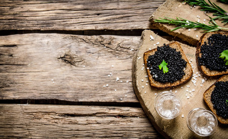 Sandwiches with black caviar and vodka. On a wooden table. Free space for text . Top viewの写真素材