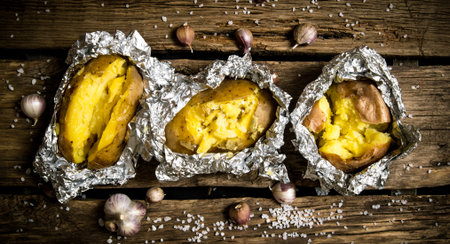 Potato food . Baked potatoes in foil on a wooden table . Top viewの写真素材