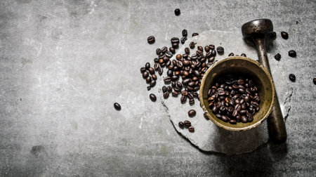 Vintage roasted coffee in a mortar with pestle. On a stone background.の写真素材
