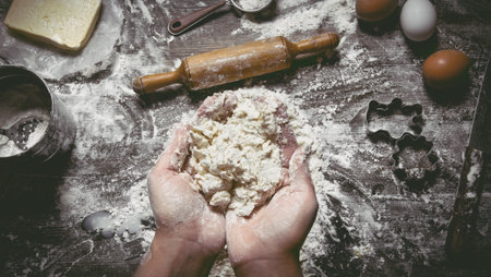 Preparation of the dough. The dough womens hands and tools - sieve, rolling pin, knife, whisk. On a wooden table. Top viewの写真素材