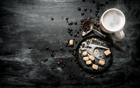 Fresh coffee. Coffee cup with brown sugar and roasted grains . On black rustic background.の写真素材