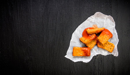 Crackers with ketchup on a piece of paper. Free space for text. Top viewの写真素材