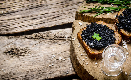Sandwiches with black caviar and vodka. On a wooden table. Free space for text .の写真素材