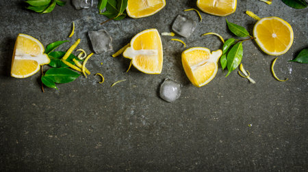 Slices of lemon, ice, leaves on the stone table. Free space for text . Top view