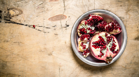 Slices of fresh pomegranate in a bowl. On a wooden table. Free space for text . Top viewの写真素材