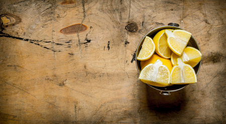 Sliced lemons in a bucket. On a wooden table. Free space for text . Top viewの写真素材