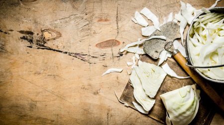 chopped cabbage in a pot and an old hatchet. On wooden background.の写真素材