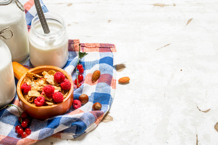 Healthy food. Muesli with forest wild berries. On rustic background.の写真素材