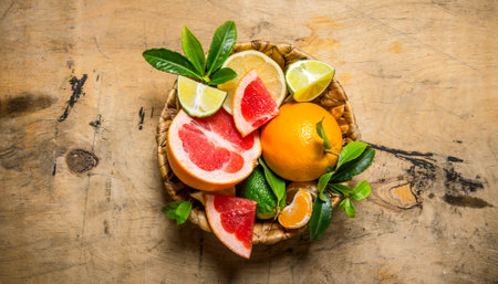 Citrus fruits - grapefruit, orange, tangerine, lemon, lime in a basket with leaves. On wooden...