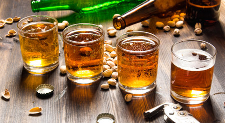 Beer background. Four beers with pistachios on a wooden table.