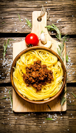 Spaghetti with minced meat, tomatoes and rosemary. On wooden background. Top viewの写真素材