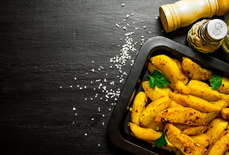 Potato food . Baked potatoes with spices and salt on black wooden table. Free space for text. Top viewの写真素材