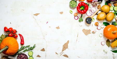 Healthy food. Organic raw vegetables . On rustic backgroundの写真素材
