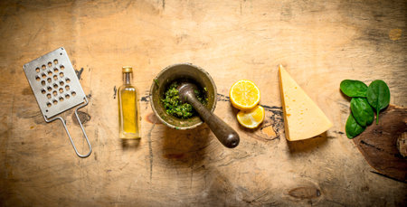 Ingredients for Italian pesto. On a wooden table.の写真素材