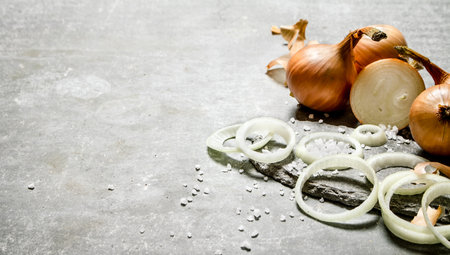 Onion cut into rings on a stone stand. On a stone background.の写真素材