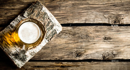Glass of light beer on a birch stand . On a wooden table. Top viewの写真素材