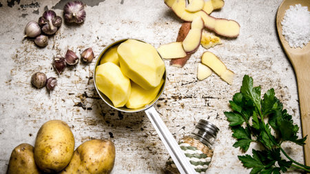 Potato food . The concept of a peeled potato in the pot on the rustic background . Top viewの写真素材