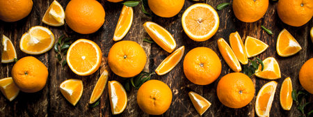 Fresh oranges with leaves. On a wooden background.