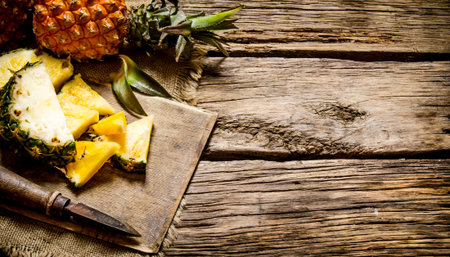 Sliced fresh pineapple with a knife on a chopping Board. On wooden background. Free space for text .の写真素材