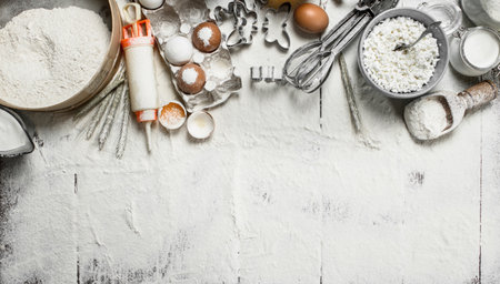 Baking background. Tools and ingredients for the dough.