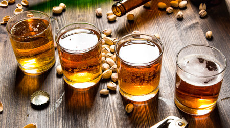 Beer background. Four beers with pistachios on a wooden table.の写真素材
