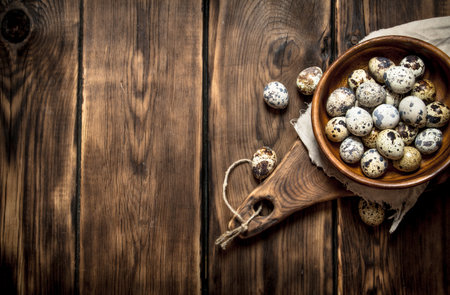 Quail eggs in bowl on the Board. On a wooden tableの写真素材