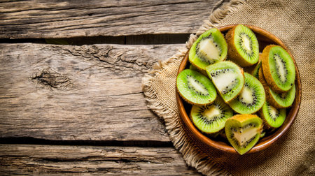 Sliced kiwi fruit in a wooden cup the old fabric. On wooden background. Top viewの写真素材