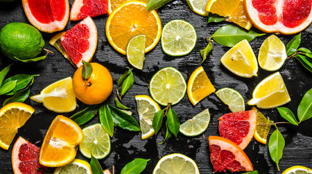 Sliced citrus fruits - grapefruit, orange, tangerine, lemon, lime with leaves . On a black wooden background. Top viewの写真素材