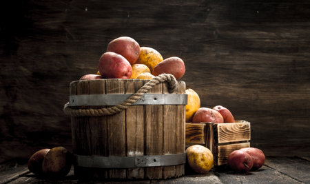 Fresh potatoes in a wooden bucket. On a wooden background.の写真素材