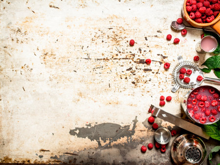 Summer cocktail of fresh raspberries. On rustic background .の写真素材