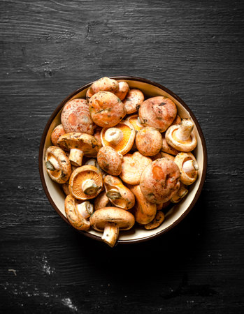 Fresh organic mushrooms in a bowl. On a black chalkboard.の写真素材
