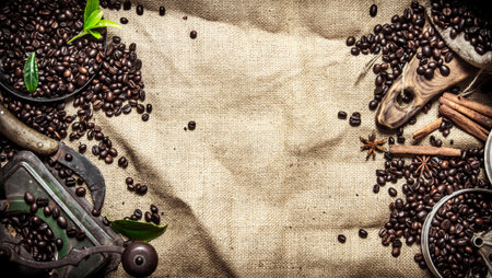 Old coffee style. Roasted grain coffee with cinnamon and different old tools. On textile sack.の写真素材