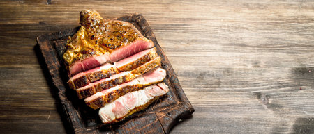 Beef grill with spices on a cutting Board. On a wooden table.の写真素材