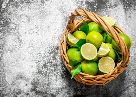 Limes in a basket with green leaves. On rustic background.の写真素材