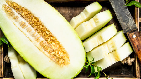 Sliced pieces of ripe melon on an old tray. On a wooden background.の写真素材