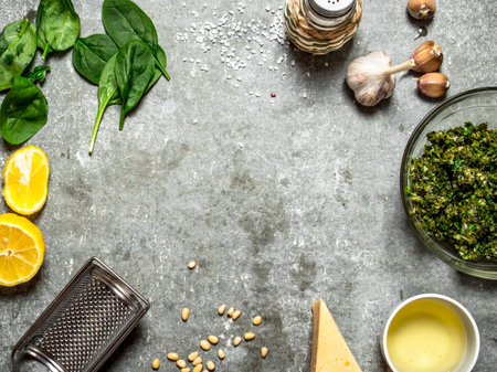 Different ingredients for Italian pesto. On the stone table.の写真素材