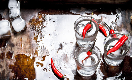 Vodka shots with chili pepper. On a wooden background.の写真素材