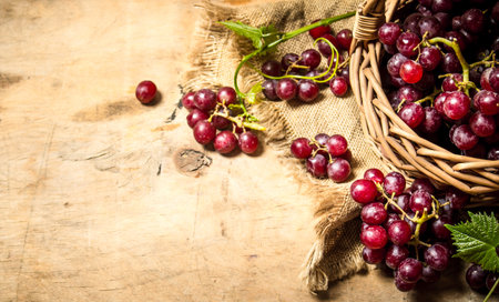 Red grapes in a basket. On a wooden table.の写真素材