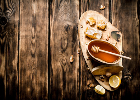 Barrel with honey and nuts on tree trunk. On wooden background.の写真素材