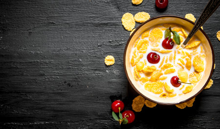 Healthy Breakfast. Cornflakes with berries and milk.